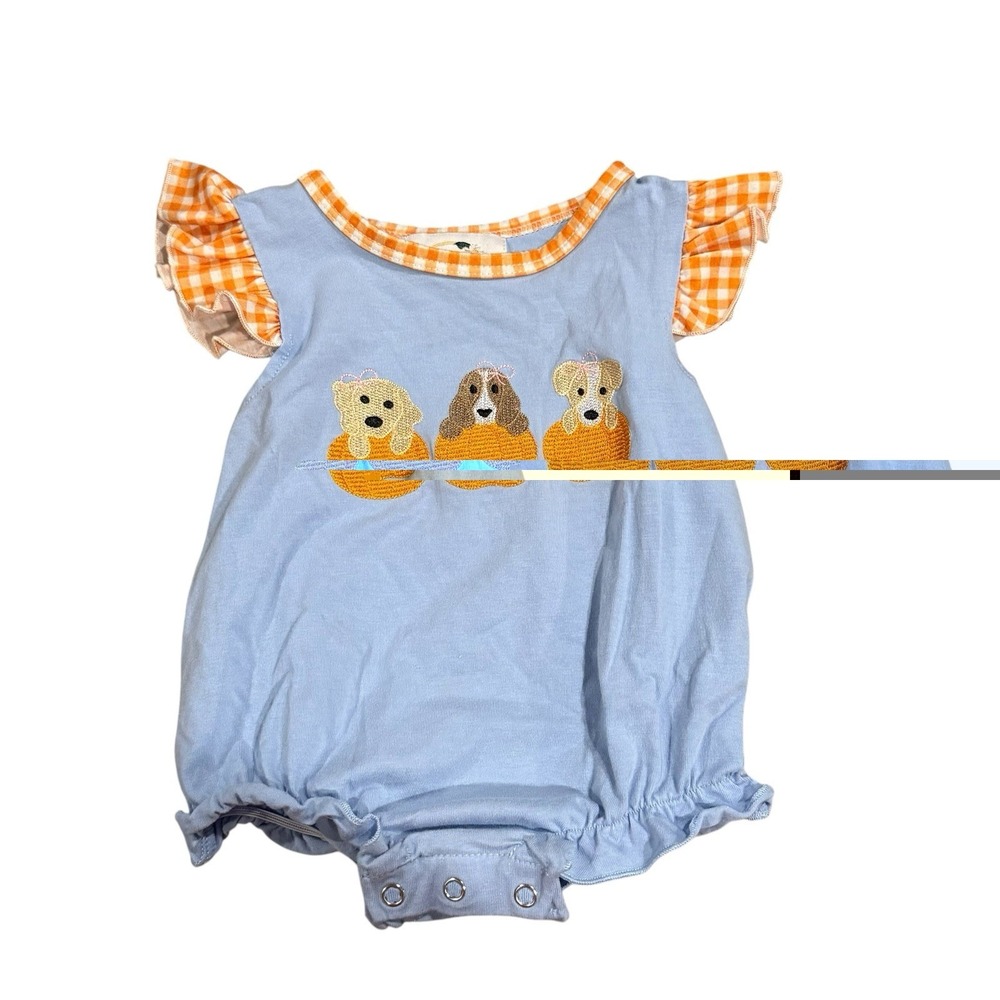 Magnolia Smocking Company Bubble Romper 3-6M Puppies Pumpkins Fall Gingham